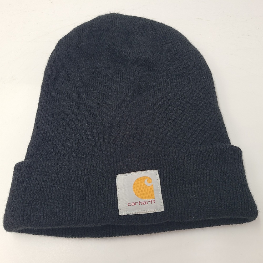 Carhartt Hat Beanie Black Logo Winter Knit Cuffed Stocking Cap Outdoors Hike Men